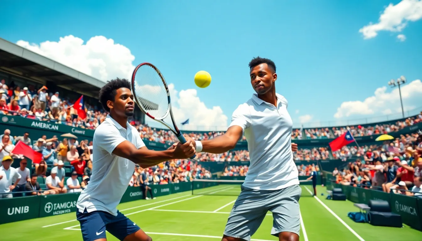 A focused tennis player mid-swing in a lively American stadium.