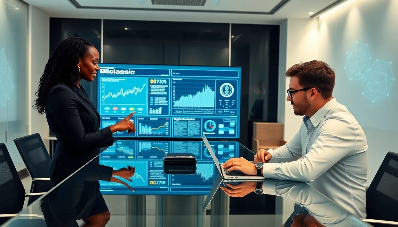 professionals discussing Bitclassic encryption in a modern office.