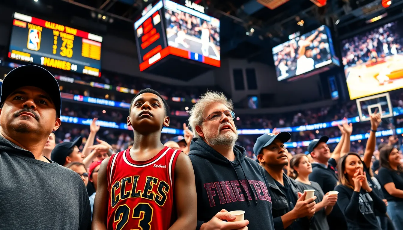 fans cheering at an exciting NBA game with highlights of LeBron James.