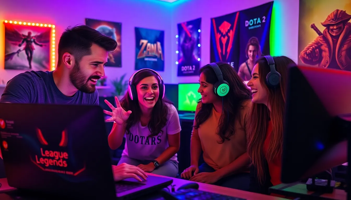diverse group of gamers enjoying a gaming session in a modern gaming den.