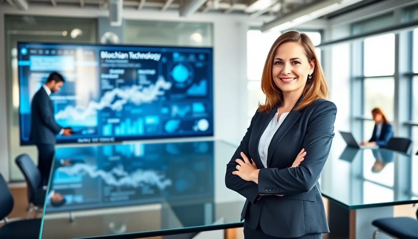 Stacy Klinger in a modern office, showcasing blockchain technology.