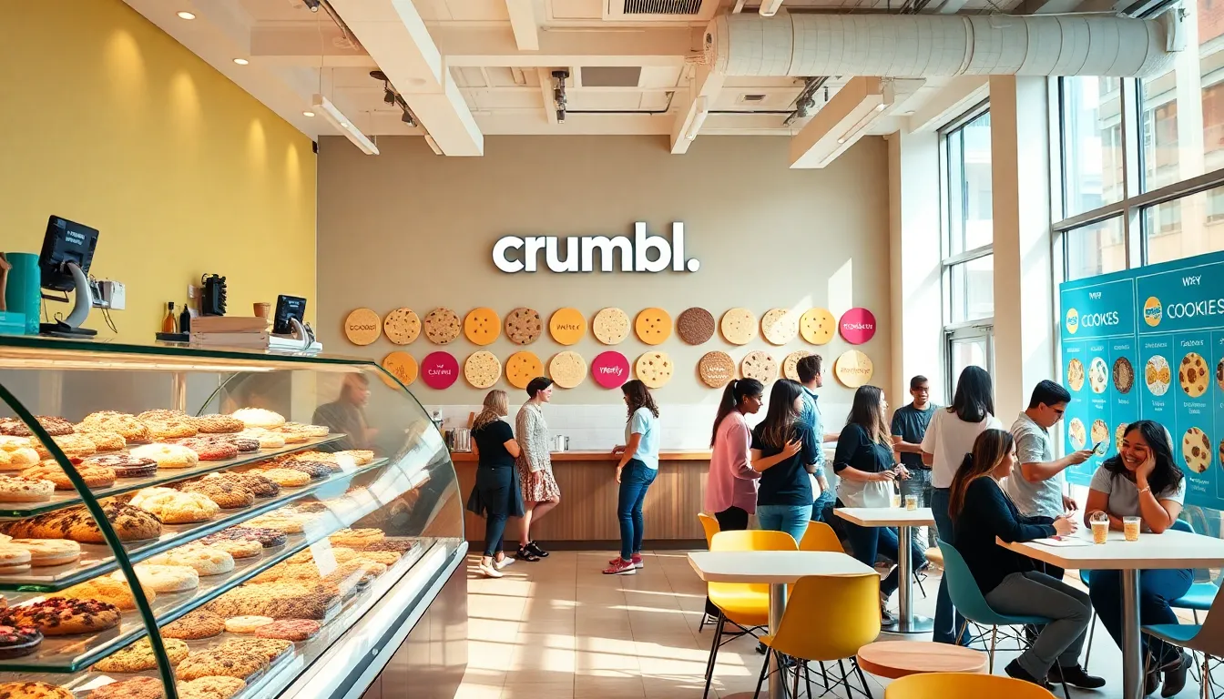 interior of Crumbl Cookies with vibrant decor and happy customers.