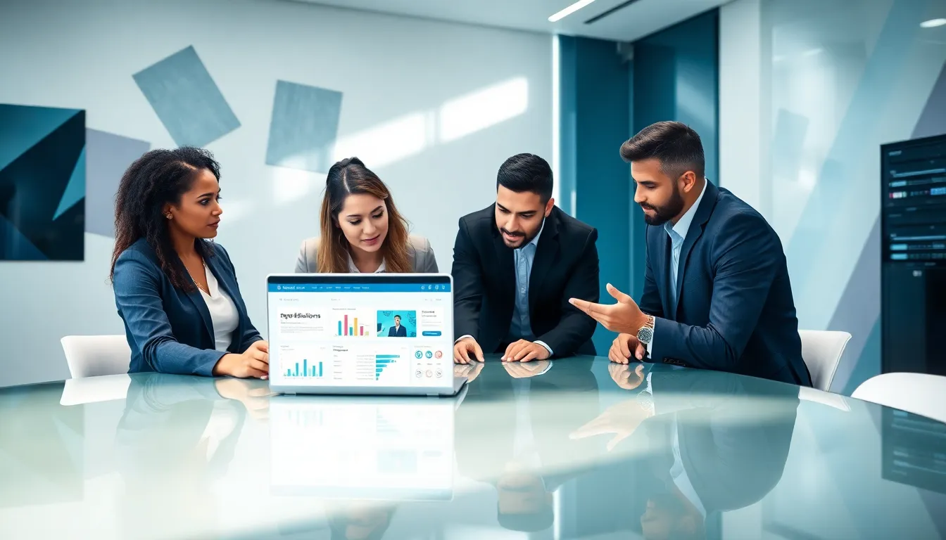 professionals discussing WebBizMagnet hardware solutions in a modern office.