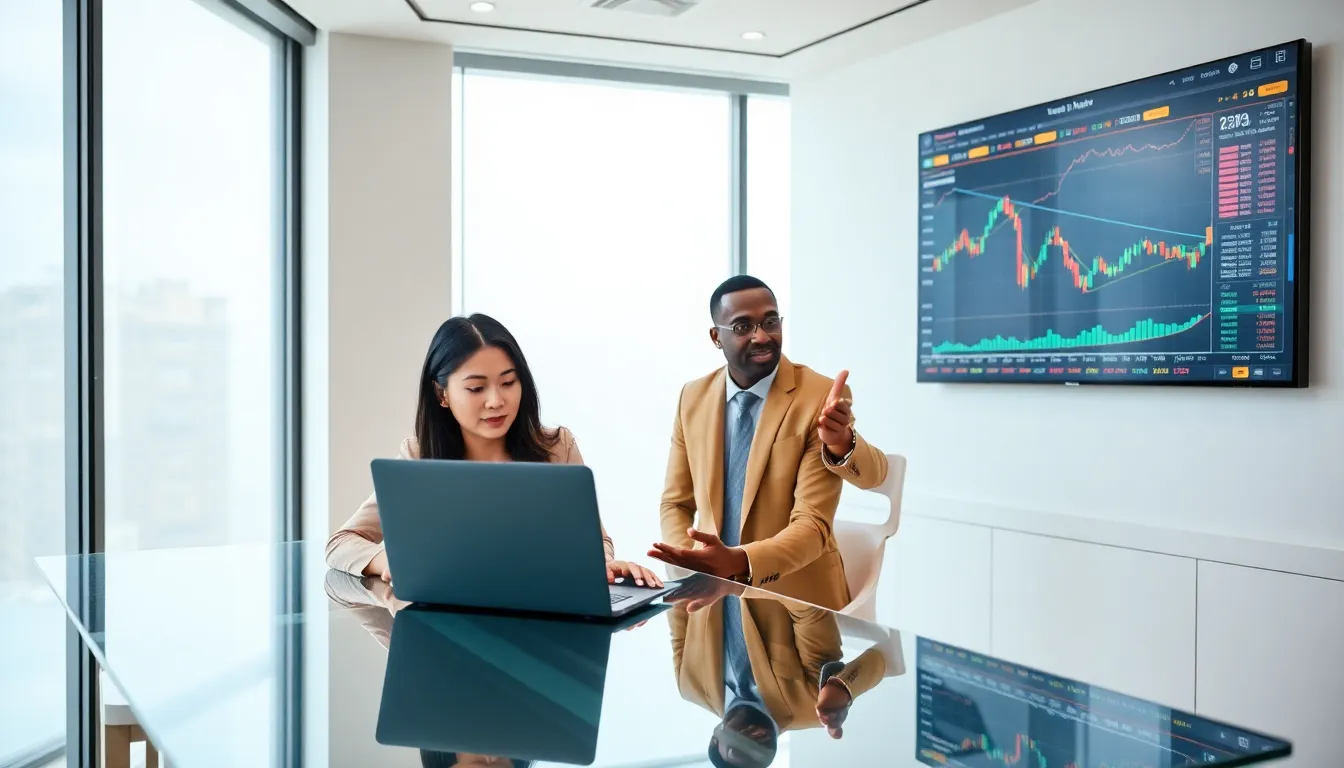 diverse team discussing cryptocurrency trading in a modern office.